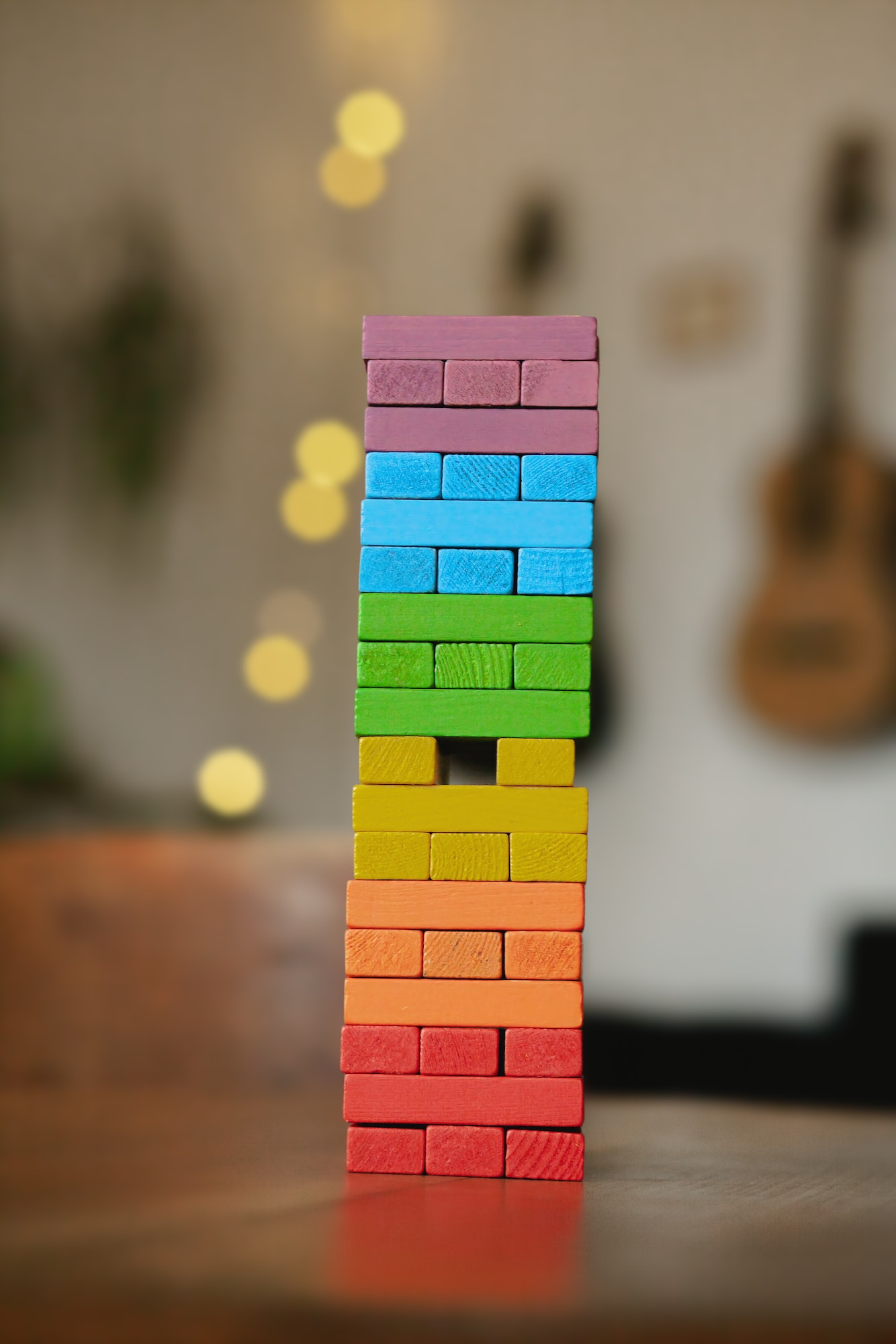 Wooden colored blocks of Jenga game.